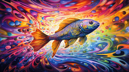 Wall Mural - Abstract image of a fish in a tank with a rainbow of colors reflected on the water surface, surreal and vibrant, reminiscent of a kaleidoscope
