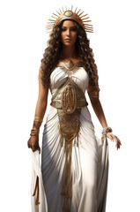 Queen of Egypt, woman wearing the pharaoh's white dress. Isolated on transparency.