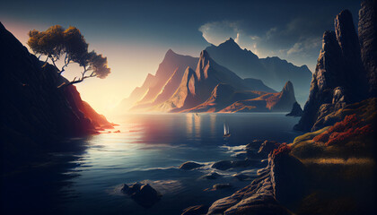 Wall Mural - Suoer Realistic Marine landscape under the sunlight, created with AI tool