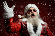 © photobuay - Rockin' Santa Claus Waist-Up Portrait of a Cool Santa Roaring with Snowfall on a Vibrant Red Background. created with Generative AI