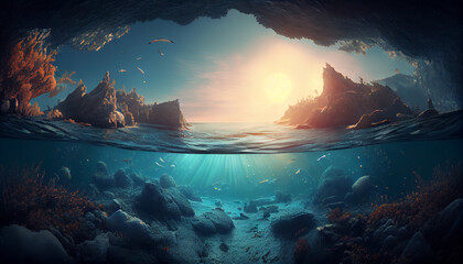 Wall Mural - Suoer Realistic Marine landscape under the sunlight, created with AI tool