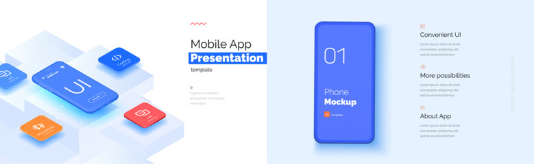Wall Mural - modern presentation of a mobile application. mobile phone mockup on a yellow background with a descr