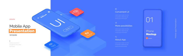 Wall Mural - modern presentation of a mobile application. mobile phone mockup on a yellow background with a descr