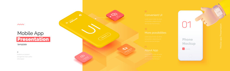 Wall Mural - modern presentation of a mobile application. mobile phone mockup on a yellow background with a descr