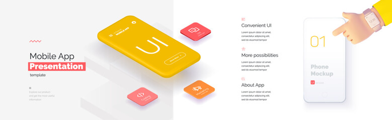 Wall Mural - modern presentation of a mobile application. mobile phone mockup on a yellow background with a descr