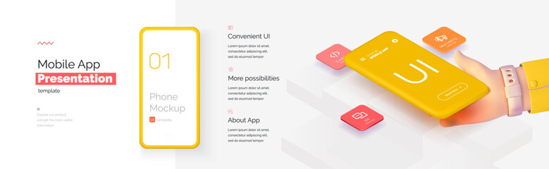 Wall Mural - modern presentation of a mobile application. mobile phone mockup on a yellow background with a descr
