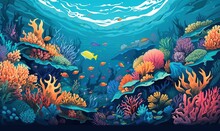  A Painting Of A Coral Reef With A Yellow Fish In The Water.  Generative Ai