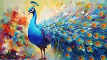 Painting Style Illustration, Beautiful Peacock In Flower Garden, Generative Ai