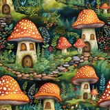 Fototapeta Dziecięca - Magical woodland watercolor mushroom seamless pattern wallpaper background, ai generated