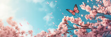The Butterfly Is Flies By Pink Cherry Blossoms Branch On The Blurred Blue Sky Background. Long Banner With Spring Flowers Of Cherries Tree.