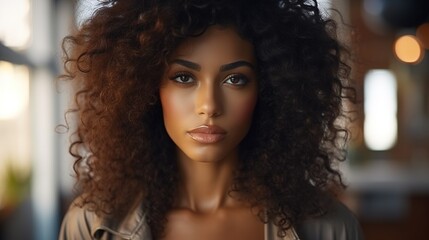 Wall Mural - confident gaze: a close-up portrait of a woman with stunning dark brown curly hair, captivating eyes