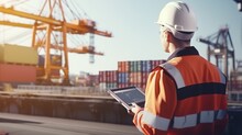 Engineer Wearing Uniform Inspection And See Detail On Tablet With Logistics Container Dock Cargo Yard With Working Crane Bridge In Shipyard With Transport Logistic Import Export With Generative Ai