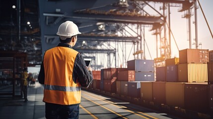 Wall Mural - Engineer wearing uniform inspection and see detail on tablet with logistics container dock cargo yard with working crane bridge in shipyard with transport logistic import export with generative ai