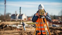 Surveyor Builder Engineer With Theodolite Transit Equipment At Construction Site Outdoors During Surveying Work With Generative Ai