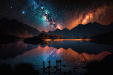 People Standing By The Lake Under A Beautiful Starry Sky, AI Generated