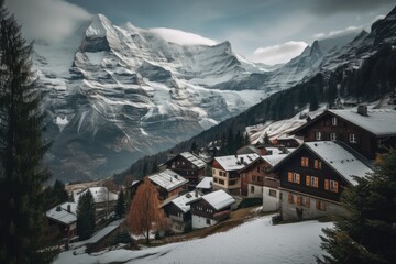 Poster - Some wooden houses in the middle of a big mountain