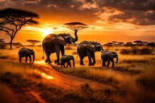 Elephants At Sunset Generated Ai 