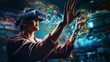 User immersed in augmented reality environment wearing a VR headset, seamlessly blending digital elements with physical world, experiencing innovative gaming and learning opportunities
