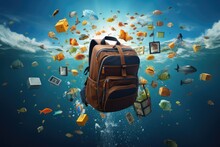 School Backpack With Books, Fishes And Supplies On A Underwater Background, Generative AI