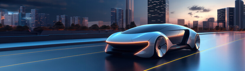 futuristic EV car or luxury sports car fast vehicle on highway with full self driving system activated for transportation autonomy concepts as wide banner with copy space area - Generative AI