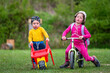Funny color picture of a young boy with a wheelbarrow and a girl on a small balance bike. Siblings playing in the yard.