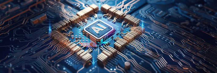 closeup on an advanced microchip or cpu of a powerful computer board with artificial intelligence technical details elements as wide banner design with copy space area - Generative AI