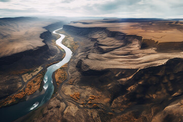 Wall Mural - Aerial shot of winding canyon river, showcasing landscape grandeur