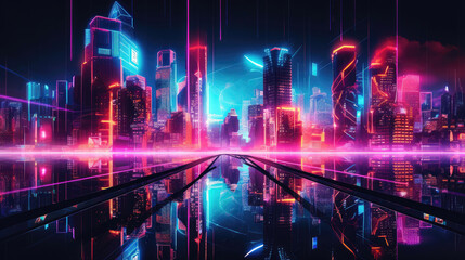 Wall Mural - Futuristic cityscape lit by neon reflections