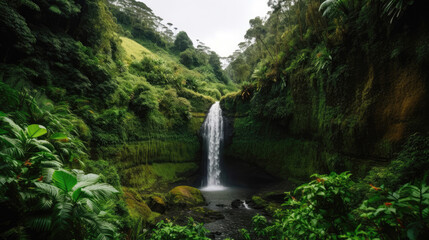 Sticker - Waterfall flowing in green forest with trees and foliage