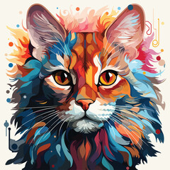  A vibrant and energetic flat vector colorful cat in a pop art style, with bold and dynamic patterns adorning its fur, expressive eyes that radiate curiosity and playfulness, surrounded by abstract geo