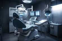 Modern Dental Clinic, Dentist Chair And Other Accessories Used By Dentists In Blue Medical Light. Image Generated By AI