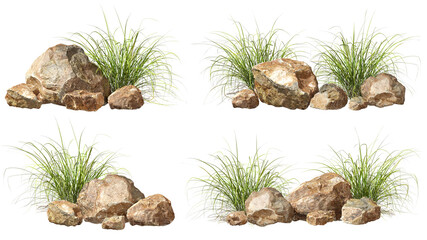 Sticker - Isolate various rock and grass composition landscape on transparent backgrounds 3d render png