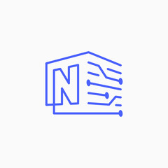Wall Mural - n letter tech electric circuit cube block logo outline vector icon illustration