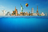 Summer holidays and travel, creative idea. Landmarks Statue of Liberty, Elf Tower, Moscow, Rome Colosseum, Church and Pyramids of Cheops with flying balloon with underwater view