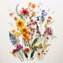Herbarium Of Wildflowers On White Paper, Pressed Vibrant Colored Flowers Bouquet , Background Floral 