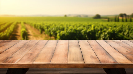 Wall Mural - empty wood table top with on blurred vineyard landscape background, for display or montage your prod