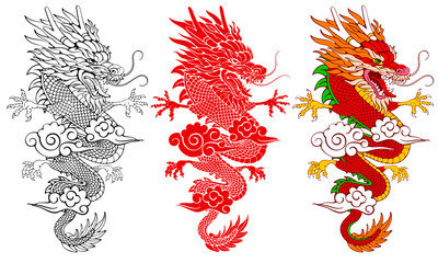 Set of dragons drawings for Chinese New Year 2024, year of the Dragon. Monochrome silhouette of dragon and colored cartoon character in oriental style. Paper cut style. Vector illustration