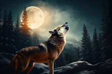 Wolf Howls To The Full Moon In Forest On Mountain Landscape