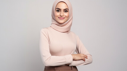 Wall Mural - Muslim woman isolated on a white background with arms crossed, confidence and strength, cultural identity, religious faith