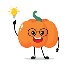 Sticker - Cute smart pumpkin character. Funny pumpkin got inspiration idea cartoon emoticon in flat style. vegetable emoji vector illustration