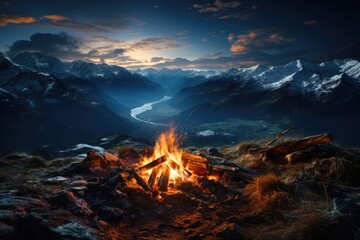 Wall Mural - Nighttime shot of a starry sky and glow of a campfire