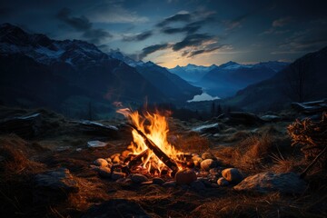 Wall Mural - Nighttime shot of a starry sky and glow of a campfire