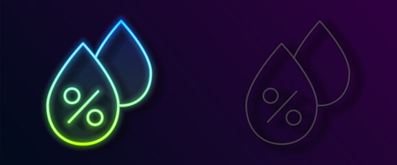 Glowing neon line Water drop percentage icon isolated on black background. Humidity analysis. Vector