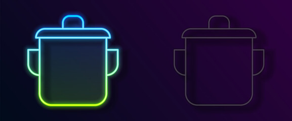 Poster - Glowing neon line Cooking pot icon isolated on black background. Boil or stew food symbol. Vector