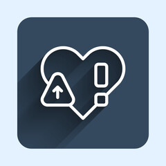 Sticker - White line Heart rate icon isolated with long shadow background. Heartbeat sign. Heart pulse icon. Cardiogram icon. Blue square button. Vector