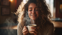 Happy Smiling Woman With Messy Curly Hair Drinking A Smoking Cup Of Coffee In The Morning Light