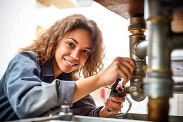 Woman plumber working near metal pipes indoor, female professional occupation. Generative AI