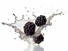 Falling Blackberries Meets Water In A Splash, White Background. Lots Of Crystal Drops. AI Generative Illustration.