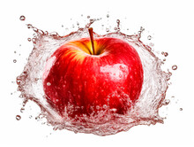 Falling Apple Fruit Meets Water In A Splash, White Background. Lots Of Crystal Drops. AI Generative Illustration.