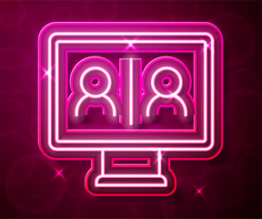 Poster - Glowing neon line Video chat conference icon isolated on red background. Online meeting work form home. Remote project management. Vector